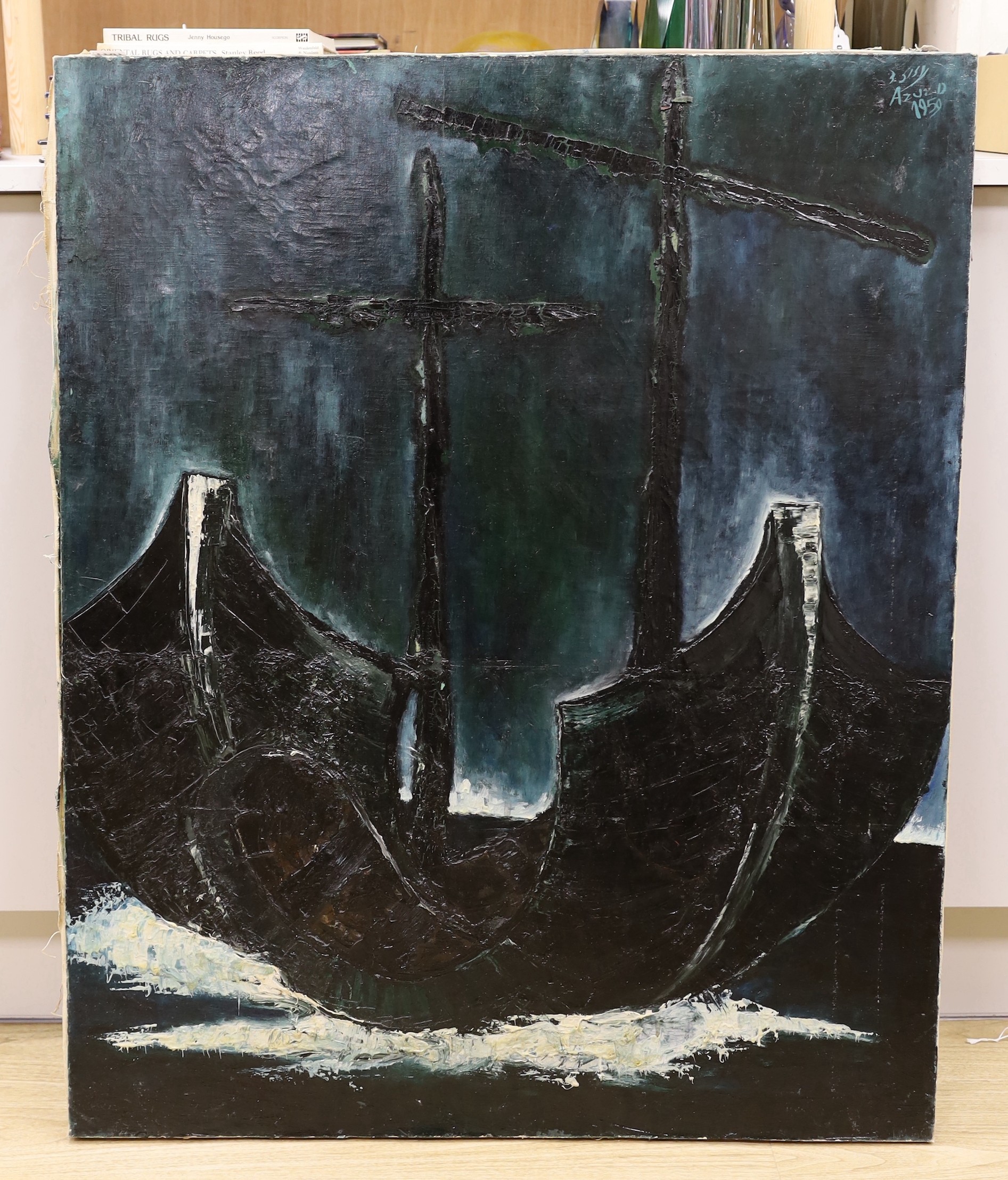 David Azuz (1942-2014), oil on canvas, Ship at sea, signed and dated 1959, 100 x 81cm, unframed